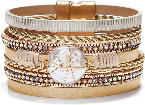 Vista 37 de Fesciory - Pulsera de leopardo para mujer, estilo bohemio de cuero multicapa con perlas de cristal
