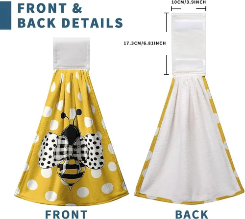 Vista 3 de Honey Bee - Juego de 2 toallas colgantes de cocina de verano con lunares y lazo para colgar, toallas de cocina de granja amarillas, suaves