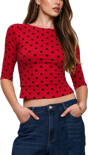Vista 21 de Camiseta de manga 3/4 para mujer, cuello barco, ajuste delgado, manga de A Blanco