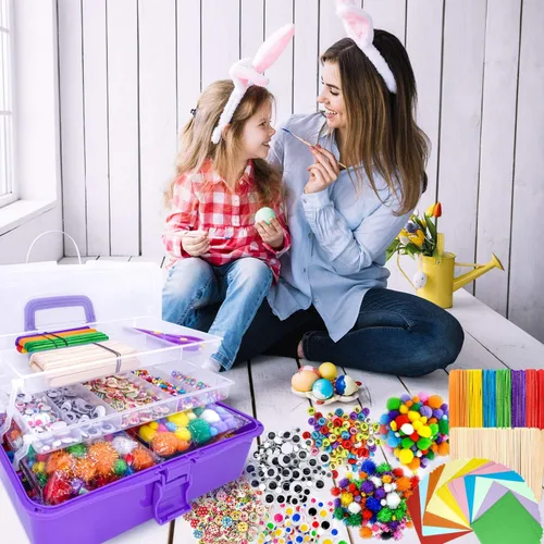 Vista 5 de kortes Suministros de arte y manualidades jumbo para niños, juego de suministros de arte de bricolaje incluye limpiapipas, pompones, plumas, caja