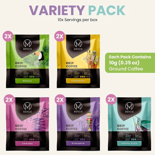 Vista 3 de Mondo Drip Coffee Mix (paquete de 10 variedades), bolsas de filtro para verter una sola porción, prellenadas 100% arábica, tostado medio