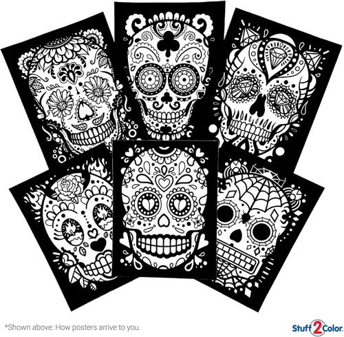 Vista 7 de Stuff2Color Sugar Skulls - Pósteres de terciopelo mullido para colorear de Halloween (Día de los Muertos y Día de Los Muertos) – Paquete de 6 – Gran