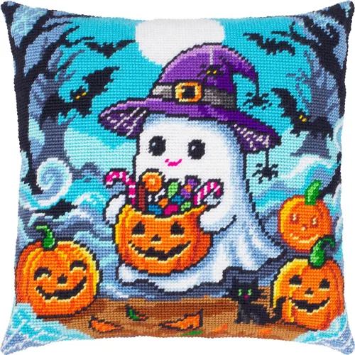 Vista 4 de Brvsk Kit de punto de aguja de otoño para adultos y principiantes - Gato de Halloween de 16 x 16 pulgadas con diseño impreso claro y preciso