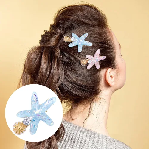Vista 6 de PAGOW 3 pinzas para el cabello con estrella de mar, pinzas para el cabello de cristal, soporte para cola de caballo de estrella de mar, accesorios
