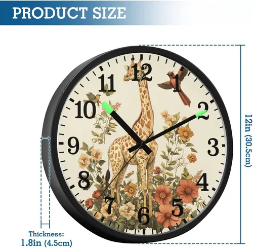 Vista 3 de Luminous Voice-Activated Wall Clock Modern Battery Operated Silent Non-Ticking Clock Giraffe Birds Flowers Botanical Illustration Vintage Style 12