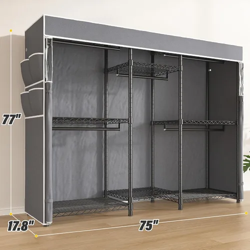 Vista 7 de Raybee Perchero de ropa con cubierta, perchereros para colgar ropa resistente, armario portátil con estantes, ajustable, carga de 905 LBS, negro