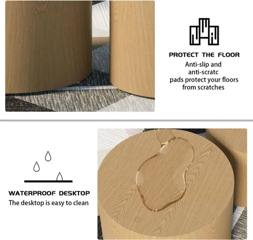 Vista 5 de JUSTONE Juego de mesa auxiliar anidable de 2 piezas, mesas redondas de madera de roble moderno para sala de estar para dormitorio y oficina en casa