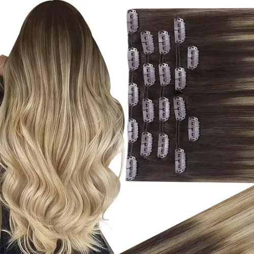 Vista 53 de Ve Sunny Extensiones de cabello clip-in de cabello humano real con reflejos, extensiones de cabello con clip para cabello corto, marrón oscuro