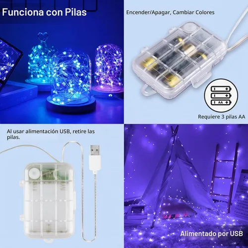 Vista 4 de StarryEver Guirnalda de 100 luces LED de 33 pies, funciona con pilas, paquete de 2 cadenas de luces de 16.5 pies que cambian de color con Varios