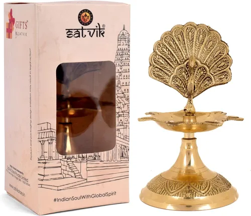 Vista 5 de SATVIK - Lámpara de aceite tradicional de latón virgen puro de 4 pulgadas, pavo real, kerala, samai, puja diya, lámpara de aceite tradicional