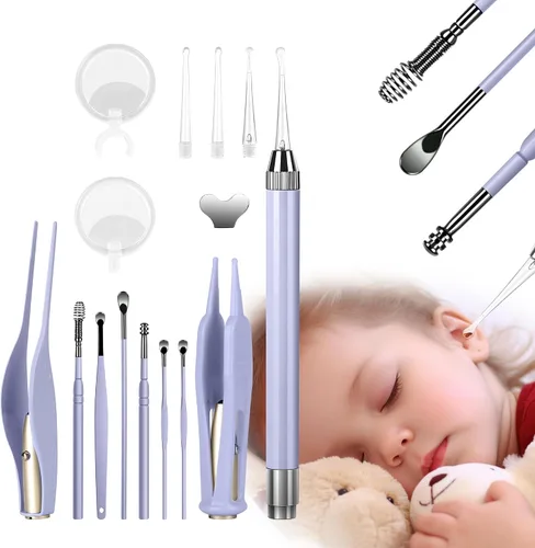 Vista 11 de POZILAN Pinzas para Cerumen con luz LED - Juego de 8 herramientas de limpieza para quitar cera de oído para niños y adultos, cuchara para cerumen