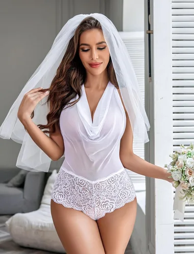 Vista 2 de Avidlove - Traje de lencería sexy para mujer, diseño de peluche, una pieza, con encaje, cabestro