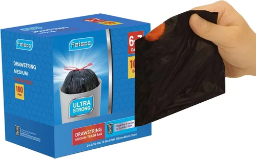 Vista 8 de Feisco Bolsa de basura negra de 8 galones, con cordón de 30 litros, 90 unidades, 0.9 mil (8 galones, negro)