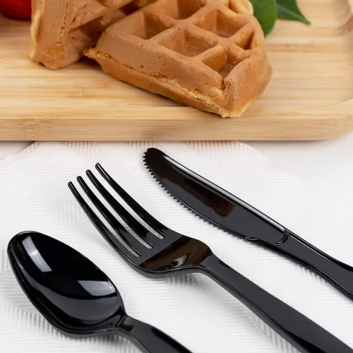 Vista 7 de POSATE Cucharas de plástico pesadas, color negro, paquete de 100, utensilios desechables para suministros de fiesta