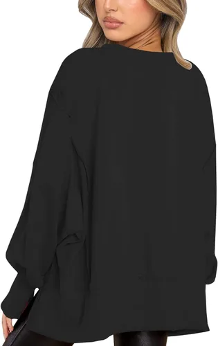 Vista 3 de ReachMe Sudaderas de cuello redondo de gran tamaño para mujer, casuales, de manga larga, con aberturas laterales