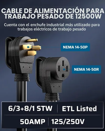 Vista 3 de DEWENWILS Cable de extensión EV RV de 50 amperios, 10 pies, NEMA 14-50P a 14-50R 6/3+8/1 cable de cobre, cable de alimentación EV resistente de Negro