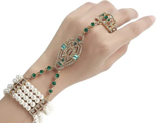 Vista 3 de Metme 1920s Flapper Pulsera Anillo Set Gatsby Accesorios Imitación Perla Cristal Pulsera Anillo Ajustable
