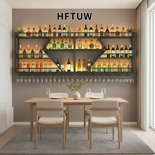 Vista 8 de Estante moderno de 59 pulgadas para vino montado en la pared con luz LED, estantes de barra de pared de metal con soporte para vidrio, estante