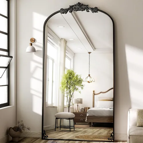 Vista 7 de GLSLAND Espejo Vintage - 72" x 44" Espejo de Cuerpo Completo Grande Tallado Arqueado con Marco de Metal Barroco Espejos de Cuerpo Completo para Negro
