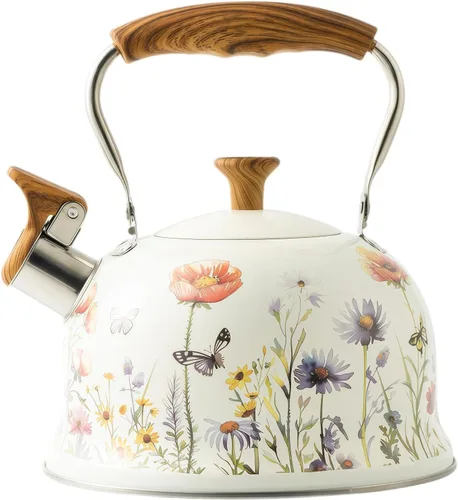 Vista 8 de Hervidor de té para estufa, 2.7 cuartos de galón, tetera con silbato floral Ollas de té de acero inoxidable con mango plegable de madera