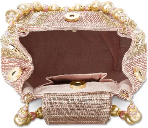 Vista 7 de Aheli Potli - Bolsas de noche para mujer, bolso de mano étnico para novia con cordón (P59C), Oro Rosa