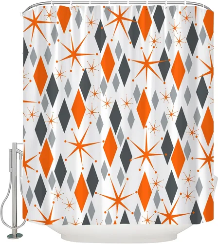 Vista 11 de Mid Century Shower Curtain Modern Blue Grey Abstract Geometric Atomic Vintage 1950s 60s Minimalist Retro Boho Fabric Curtain with Hook