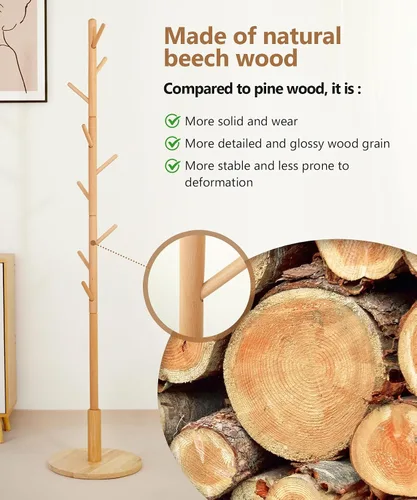 Vista 10 de Cozivolife Perchero de pie, perchero de madera con 9 ganchos y 3 alturas ajustables, abrigo de árbol de madera de haya para dormitorio, oficina