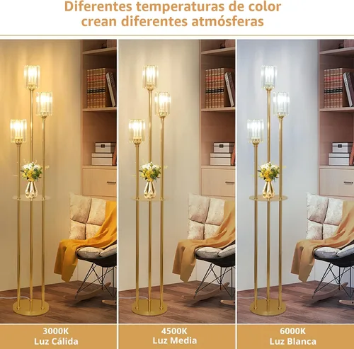 Vista 4 de HMVPL Lámparas de pie doradas para sala de estar, lámpara de pie moderna con estantes, lámparas de pie de cristal con mesa, lámpara alta de latón