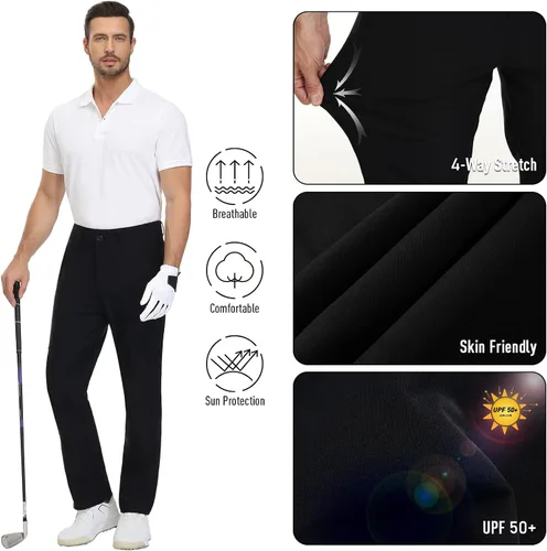 Vista 3 de Pantalones de golf de alta elasticidad para hombre, UPF 50+, transpirables, cómodos, gruesos, rectos, con bolsillos, Negro