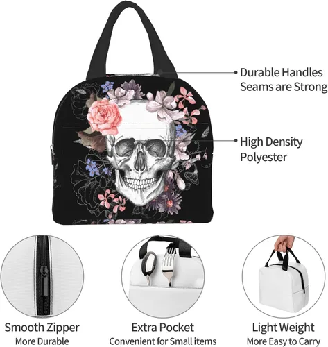 Vista 5 de Bolsa de almuerzo con diseño de calavera de azúcar, con diseño de calavera floral, regalo para mujeres y hombres, bolsas Teto para el trabajo