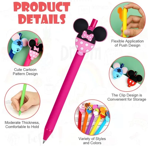 Vista 2 de AUAUY 10 bolígrafos de dibujos animados, bonitos bolígrafos de orejas de personaje con cabeza de ratón, bolígrafo retráctil, multicolor jumbo