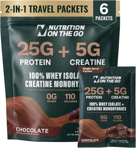 Vista 10 de Paquetes de viaje 2 en 1 con aislamiento de proteína de suero + creatina, chocolate, paquete de 15