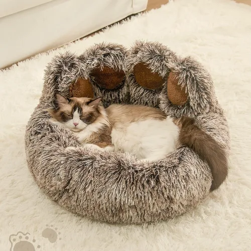 Vista 4 de Jiupety Cama calmante para mascotas en forma de pata, cama de felpa en forma de dona de piel sintética para perros y gatos, lavable a máquina, parte