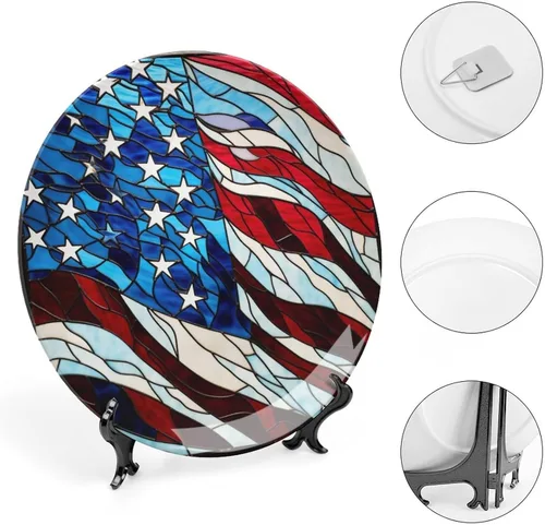 Vista 4 de Platos decorativos con diseño de bandera de Estados Unidos, acuarela, vitrales, decoración del hogar, platos de cerámica, para cocina, mesa auxiliar