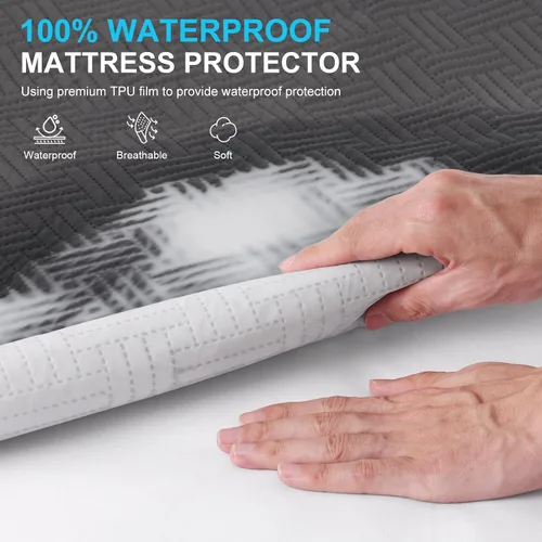 Vista 2 de Protector de colchón impermeable tamaño individual con bolsillos profundos, color gris Breathable Noiseless Soft Mattress Pad Cover Fits 8"-21