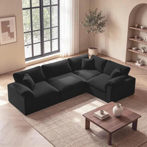 Vista 45 de Sofá modular modular con asiento profundo extra cómodo, sofás modernos negros para sala de estar, apartamento, oficina, espacio pequeño