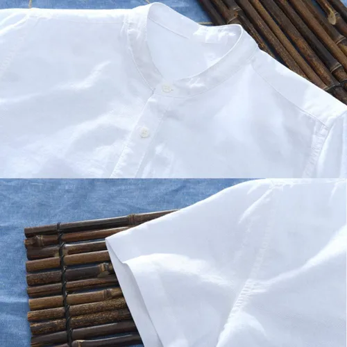 Vista 5 de WENKOMG1 Camisa de algodón con botones y textura de línea de algodón para hombre, ajuste holgado, sin cuello, transpirable, casual, de manga corta
