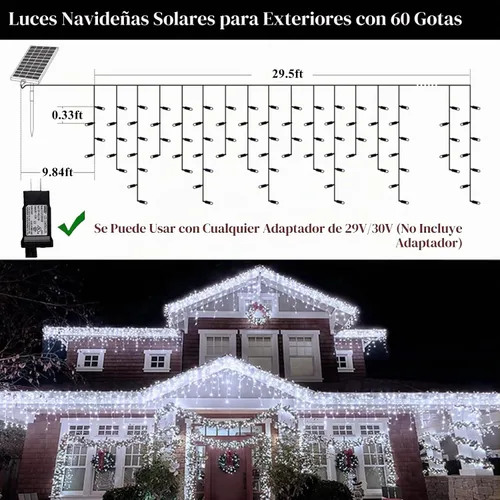 Vista 4 de KiflyTooin Luces Solares de Navidad para Exteriores Impermeables Luces de Cortina para Decoraciones de Navidad 320 LED 29.5 pies 60 Gotas, Luces