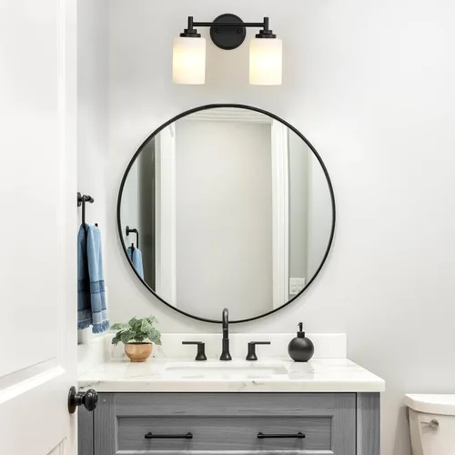 Vista 5 de Lámpara de baño negra mate, 2 luces para tocador de baño con pantalla de vidrio esmerilado blanco, modernos apliques de pared para dormitorio