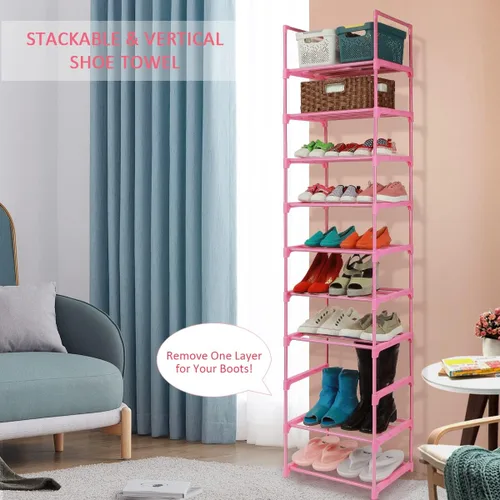 Vista 6 de LNYZQUS Organizador de zapatos pequeños de 5 niveles para niños, estante de zapatos rosa para armario, espacio estrecho, mini estante