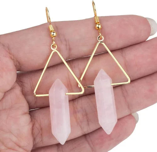 Vista 2 de Nupuyai Aretes colgantes de piedra para mujer, hexagonales de doble punto, cristal curativo de cuarzo, chapados en oro, triángulo, con gancho