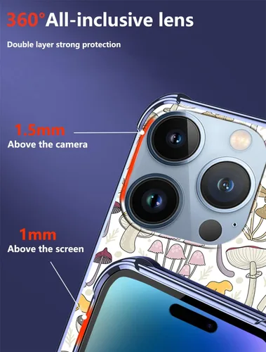 Vista 4 de Funda transparente compatible con iPhone 14 Pro Max, diseño de hongos, TPU suave, a prueba de golpes, antiarañazos, transparente, diseñada