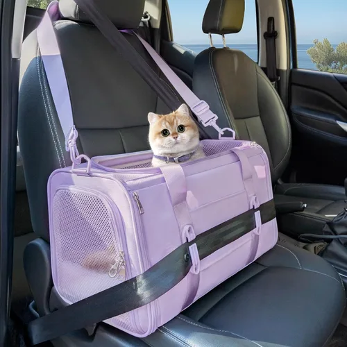 Vista 21 de PETSFIT Transportador de gatos de lados suaves con hebillas de seguridad patentadas, cremalleras bloqueables y correa de seguridad, transportador