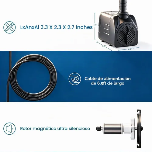 Vista 3 de Bomba de agua sumergible silenciosa 400GPH para fuentes de acuarios con 3 boquillas