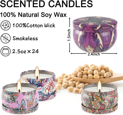 Vista 3 de Set de regalos de velas perfumadas de 24 piezas, velas de Adviento de cera de soja en lata de viaje para el hogar, velas en frasco de 2.5 oz