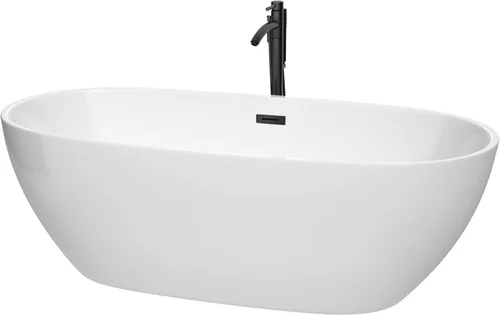 Vista 10 de Juno - Bañera independiente de 71 pulgadas, color blanco con drenaje negro mate y ribete de desbordamiento Blanco con borde negro mate.