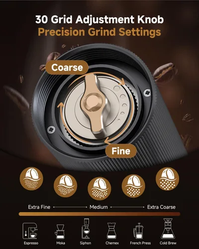 Vista 2 de Molinillo de café manual, molinillo de café de mano con 30 ajustes ajustables, fresas cónicas de espresso de acero inoxidable CNC 420, diseño