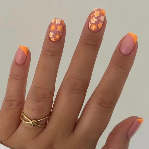 Vista 12 de Uñas postizas ovaladas a presión con puntas francesas, juego de uñas postizas cortas de flores artificiales, uñas postizas acrílicas con diseños