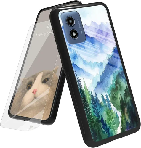 Vista 92 de Funda para Motorola Moto G Play 4G 2024 con protector de pantalla, parte trasera de vidrio templado + funda de silicona suave TPU absorción