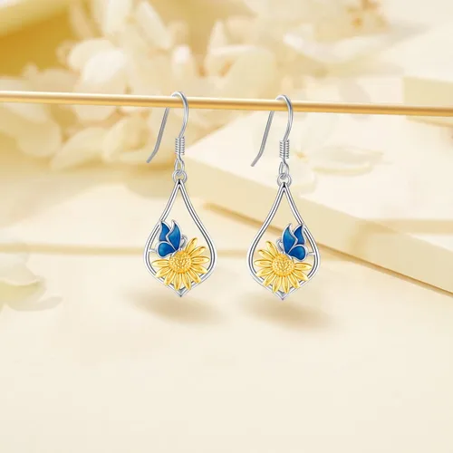 Vista 2 de Aretes colgantes de plata de ley con diseño de árbol de la vida, flor, abeja, animales, gato, colibrí, piedra lunar, turquesa, aretes con cierre
